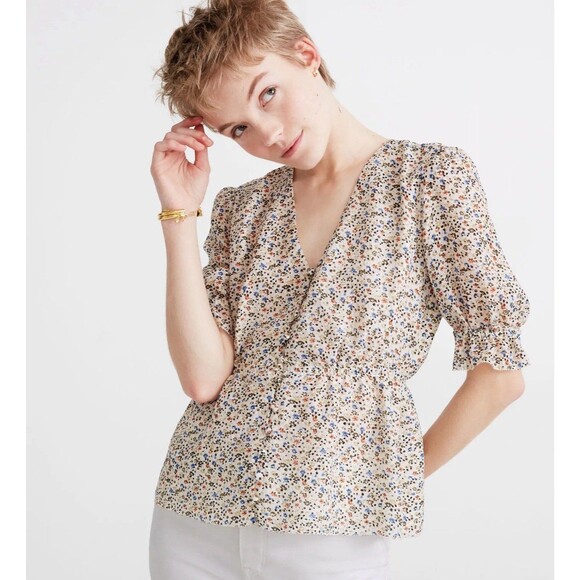 Madewell Ivory Blouse Size S Fieldwalk Ditsy Floral Silk V-Neck Peplum buttons - Picture 1 of 10